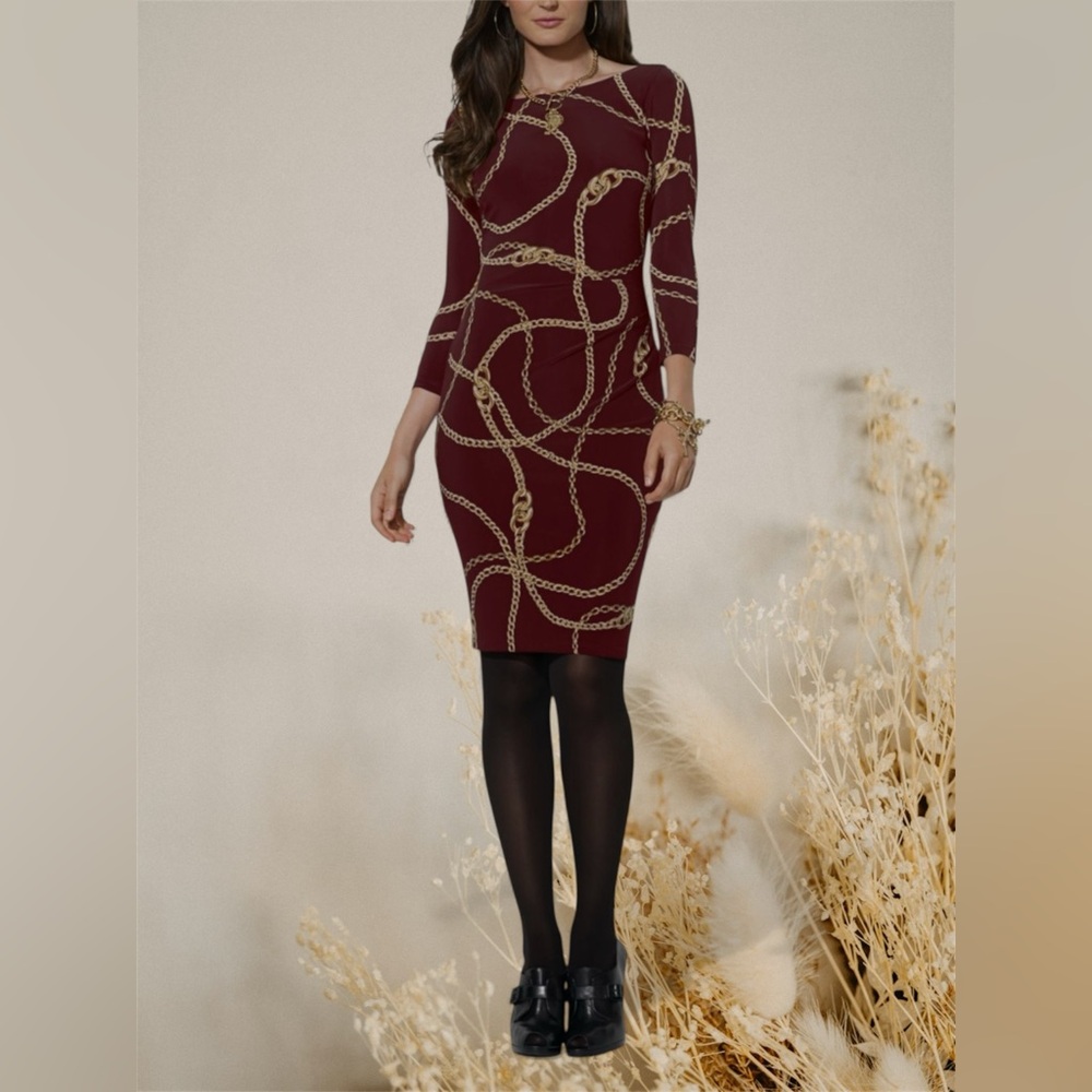 LAUREN RALPH LAUREN Burgundy Gold Chain Link Jersey Dress Pullover Sz 4P